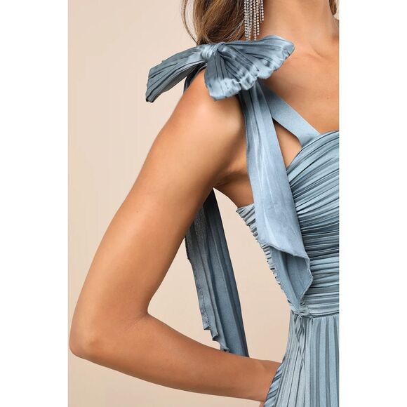 Lulus Gorgeous Purpose Slate Satin Pleated Sleeveless Bow Maxi Dress Size 1X NWT - Picture 8 of 13